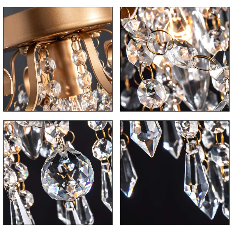 QS Q&S Mini Chandelier Crystal Ceiling Light,Small Flush Mount Gold Light Fixture for Entryway Bedroom Barthroom Hallway Closet E26 - Image 3